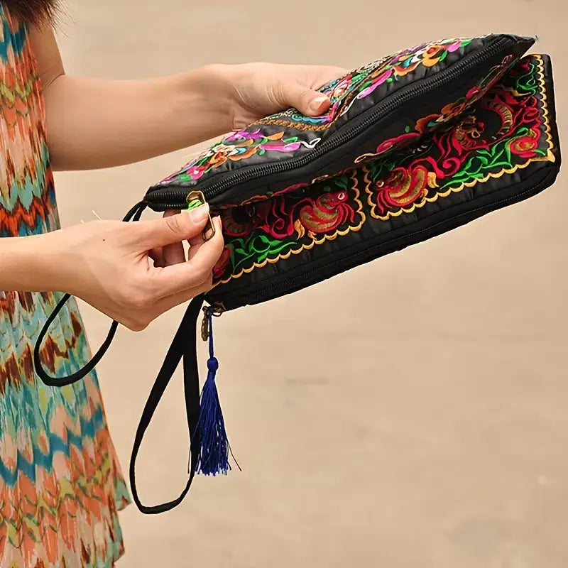 Women's Embroidered Zip Clutch Large Wallet Wristlet Phone Case - 2 Style Options