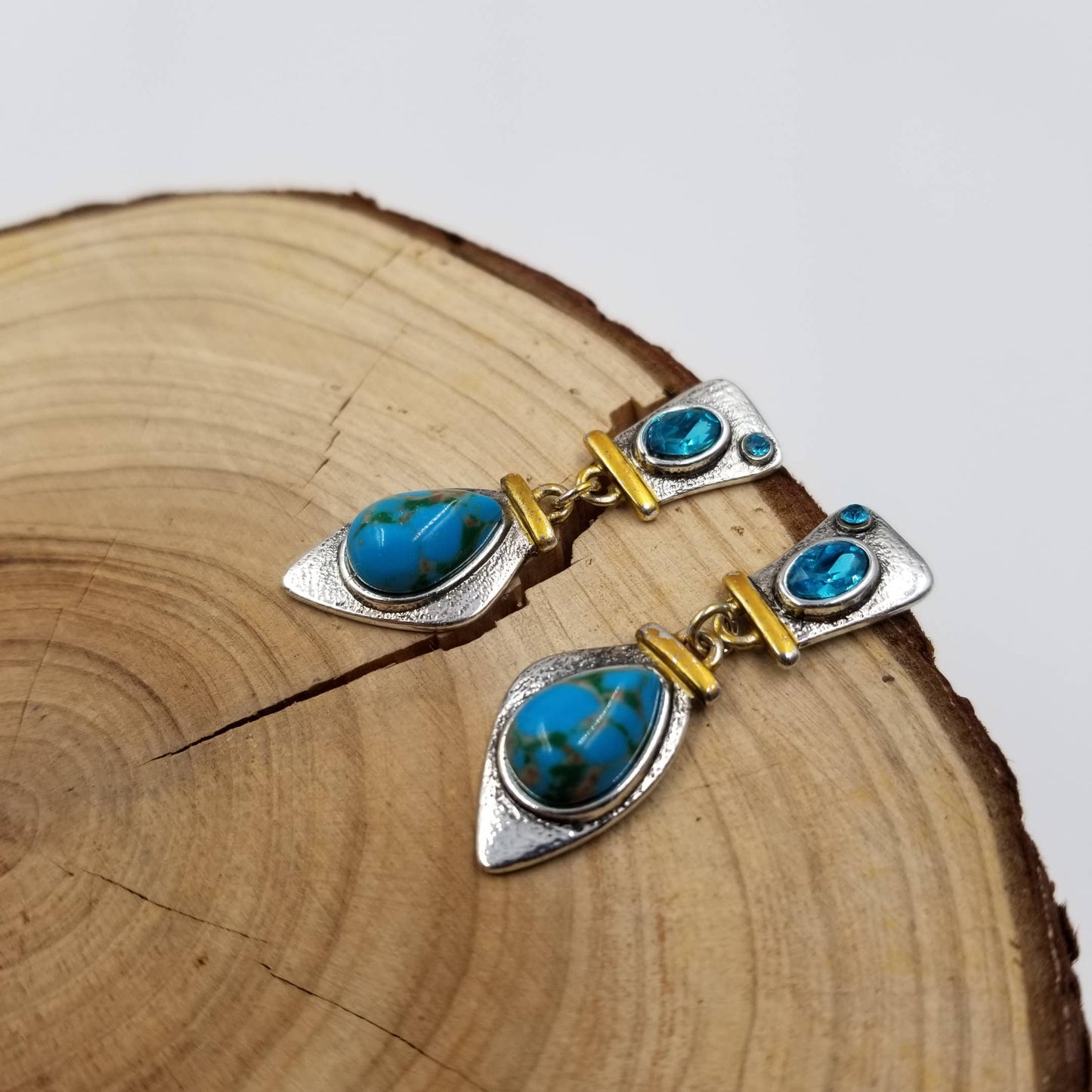 Antique Silver Colored with Turquoise and Blue Stones Two Tone Alloy Earrings