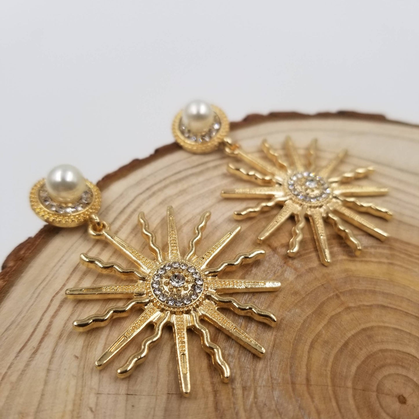 Radiant Sun with Cubic Zircon and Faux Pearl Yellow Gold plated Earrings