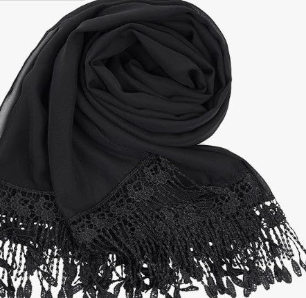 Black Chiffon Shawl Wrap with Tassel Lace Soft Scarf