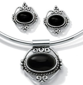 Bezel-Set Oval Black Onyx Two-Piece Choker Style Necklace and Earrings Set