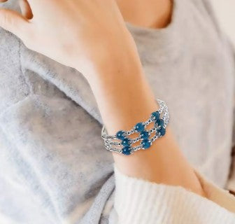 Blue Apatite Gemstone 3 Row Station Adjustable Bracelet in Silvertone