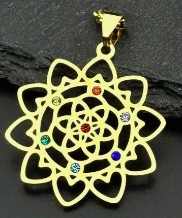 Flower Mandala Pendant with 7 Cubic Zirconia Chakra Stones on Beige Gold Ribbon Necklace