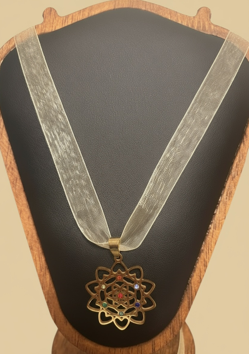 Flower Mandala Pendant with 7 Cubic Zirconia Chakra Stones on Beige Gold Ribbon Necklace