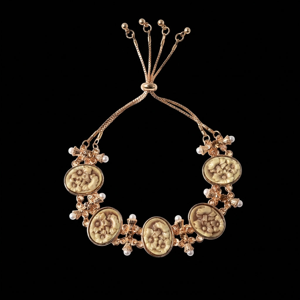 Champagne Resin Flowers and Austrian Crystals with Simulated Pearl Adjustable Vintage Bracelet