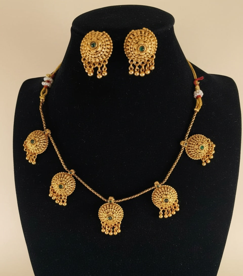 Royal Traditional Gold Plated with Green Stones Holiday Necklace and Earrings Set