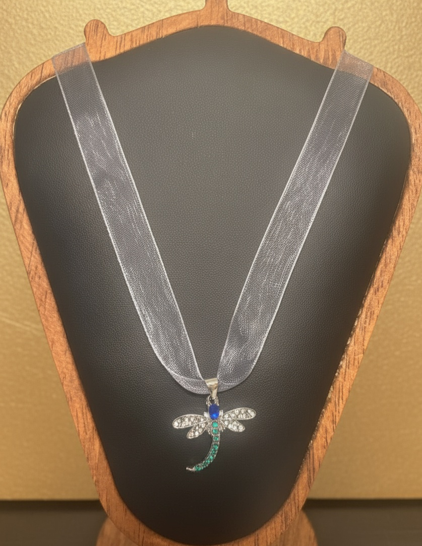Silver-Gray Ribbon Necklace with Dragonfly Pendant and Multicolor Cubic Zirconia Stones
