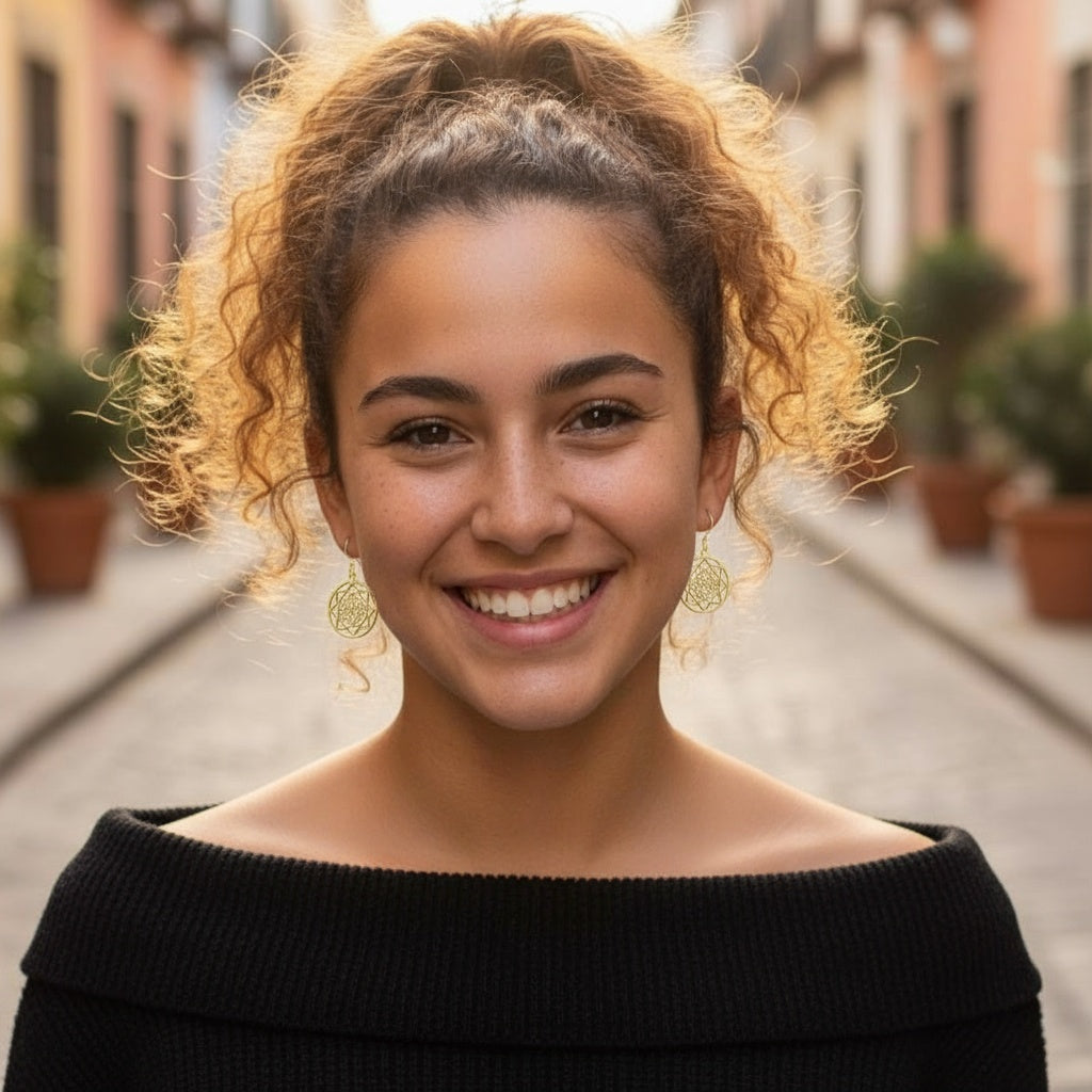 Flower Mandala Pattern Plain Solid Brass Dangle Versatile Earrings