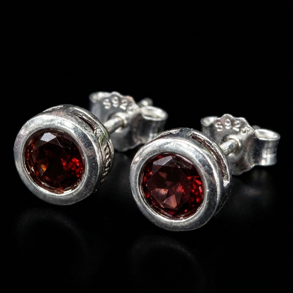 Bezel Set Brilliant Cut Garnet 925 Sterling Silver Earring Studs