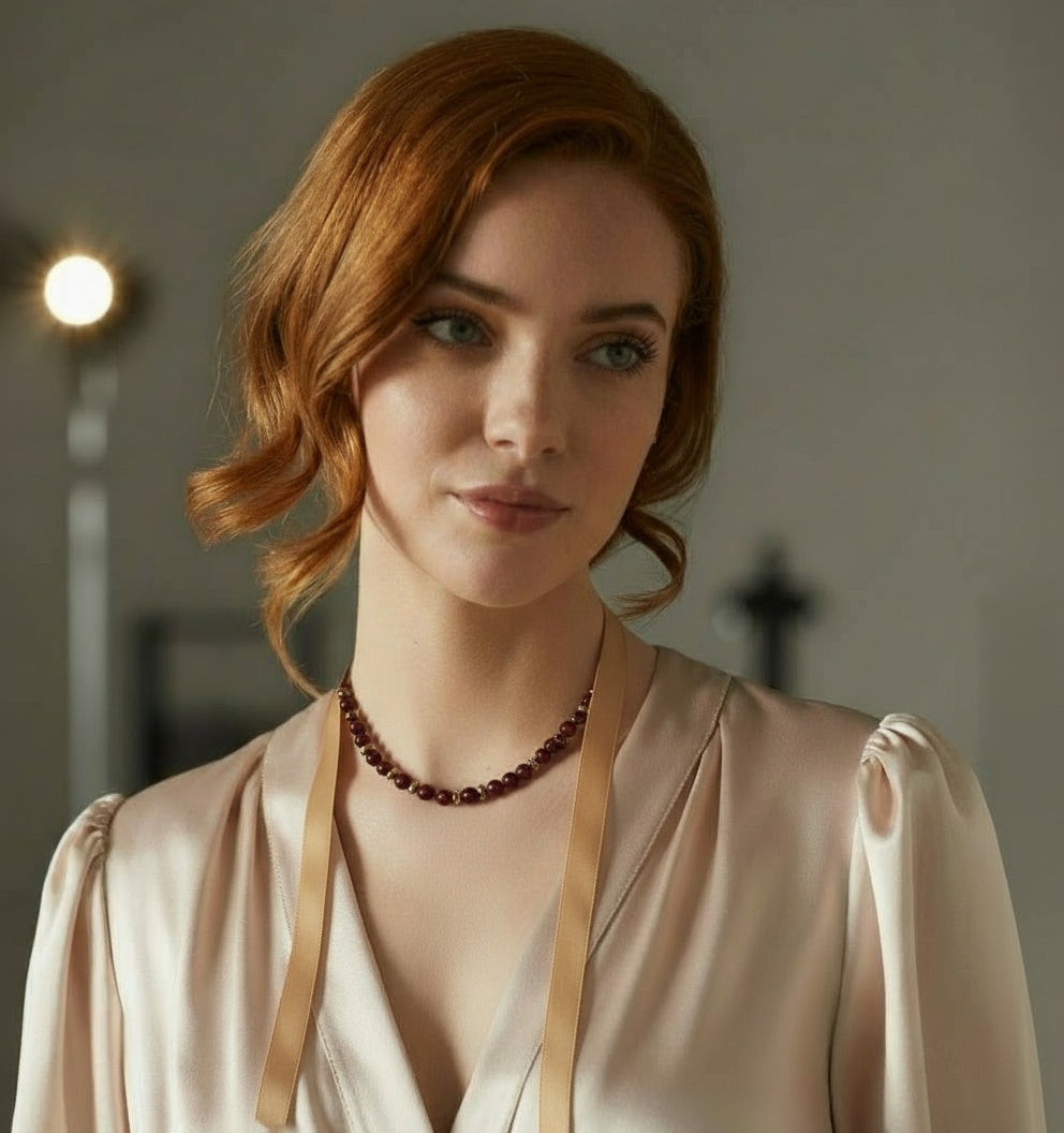 Red Agate with Gold Chip beads Classic Statement Necklace with Ribbon Closure Holiday Gift