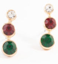 French Court Red Pendant with Gold Beaded Chain Necklace and Three Stone Stud Earrings Holiday Gift Set