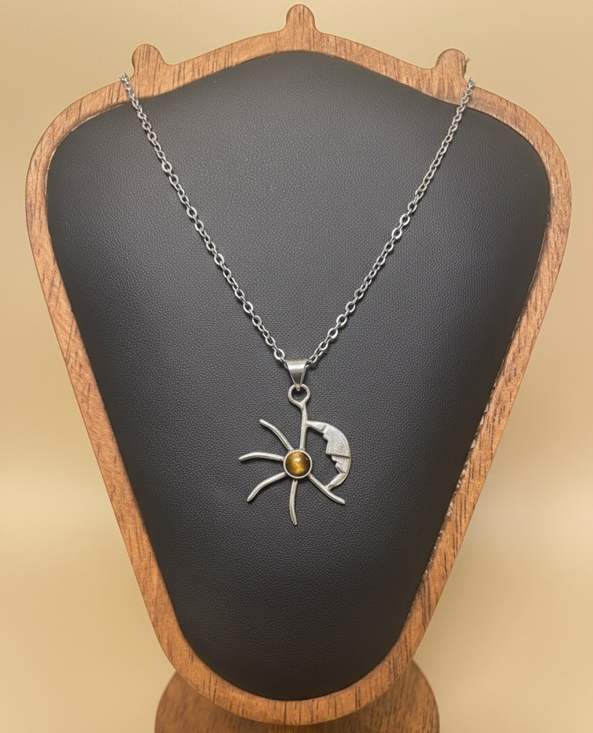 Sun and Moon Harmony Boho Pendant with Tiger's Eye Cabochon Gemstone in Sterling Silver