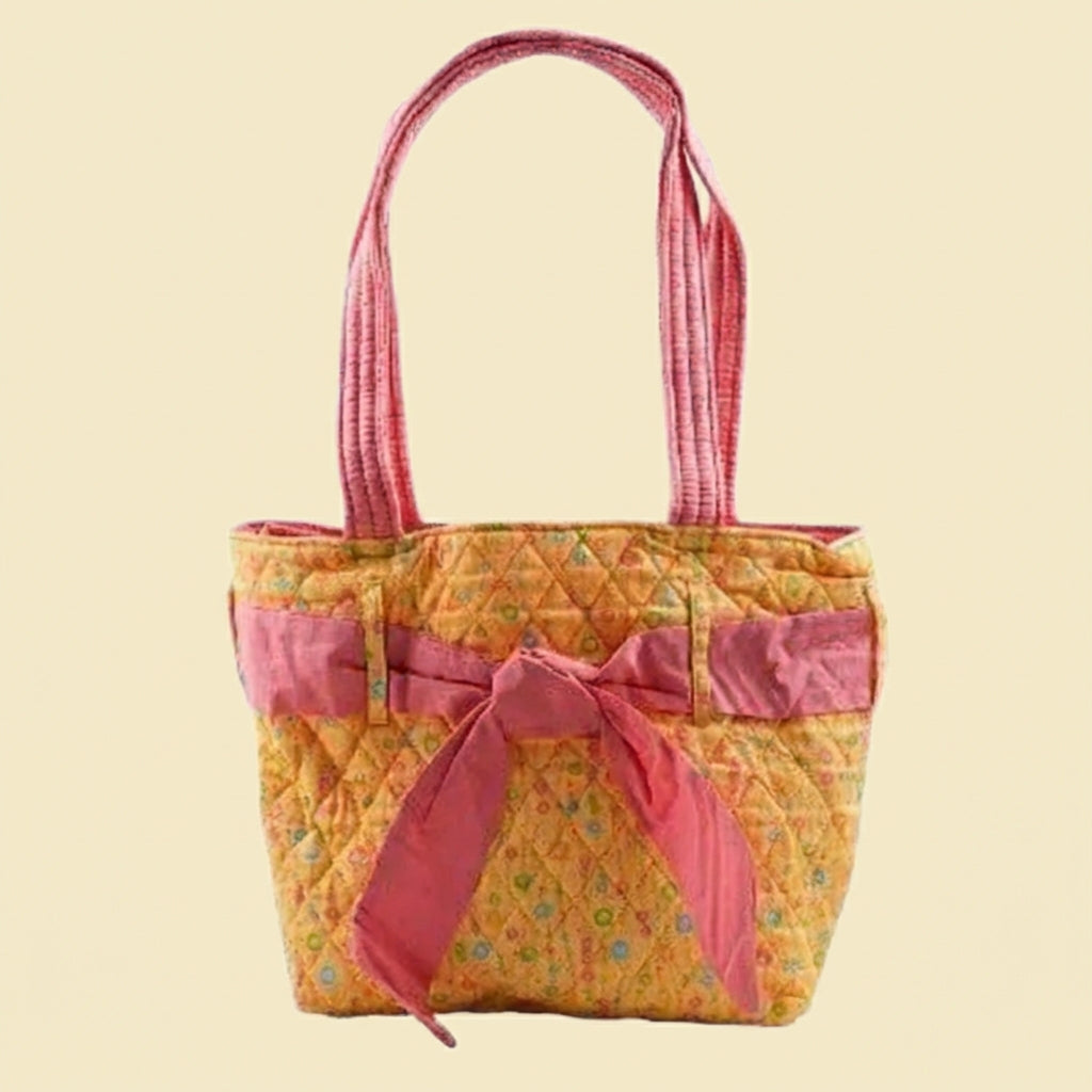Yellow Printed with Pink Ribbon Quilted Shoulder Bag