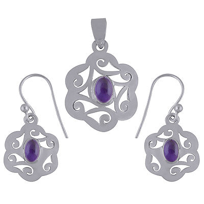 Amethyst Elegance a Dance of Swirls 925 Sterling Silver Pendant Earrings Holiday Set