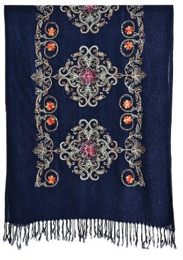 Midnight Blue Baroque Embroidered Lightweight Scarf Shawl Wrap