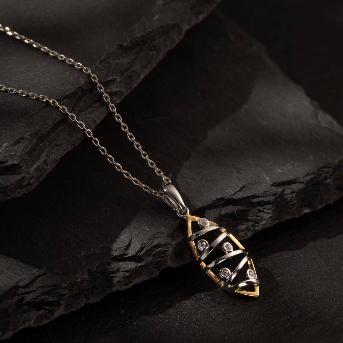 Raindrops on Leaf Cubic Zircon Two-Tone 925 Sterling Silver Pendant with Gold finish