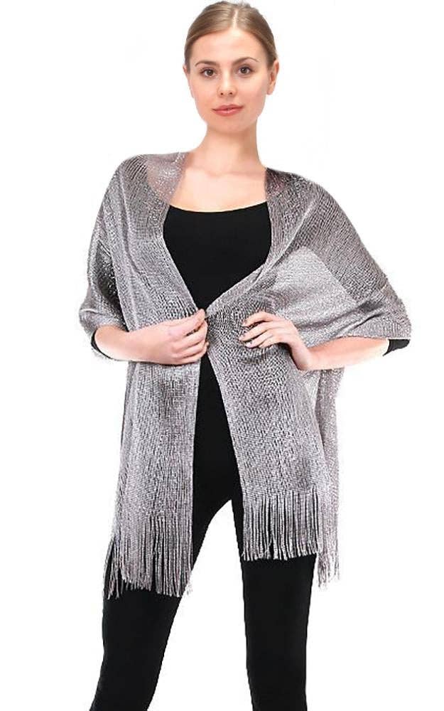 Dark Grey Silver Woven Cocktail Dress Wrap Shawl with Fringe