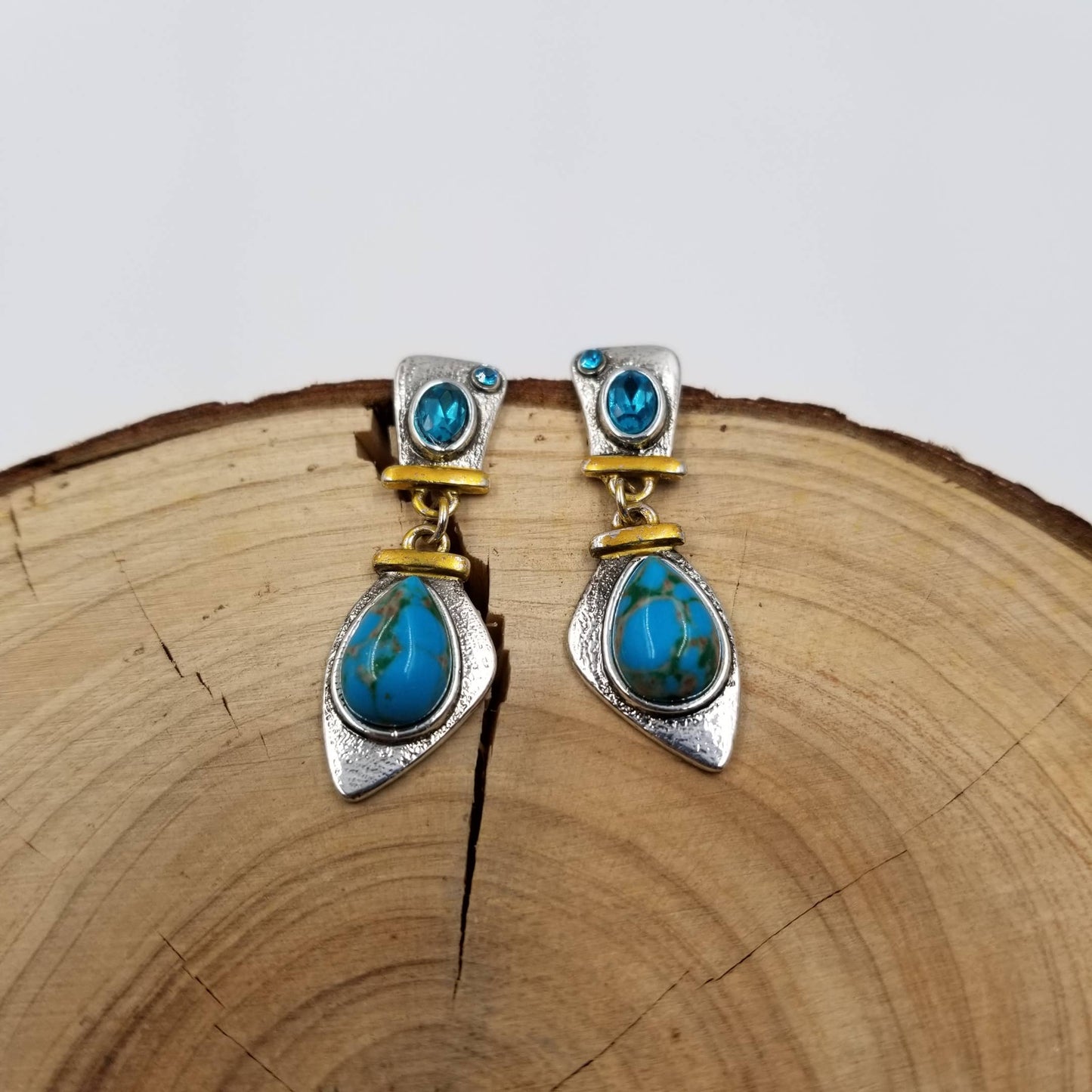 Antique Silver Colored with Turquoise and Blue Stones Two Tone Alloy Earrings