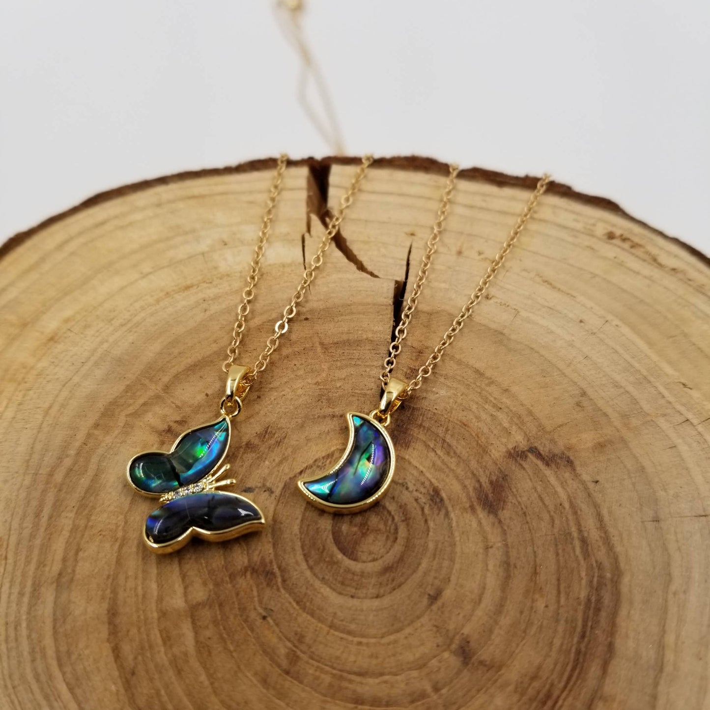 Natural Abalone Shell Butterfly & Moon Pendant Necklace