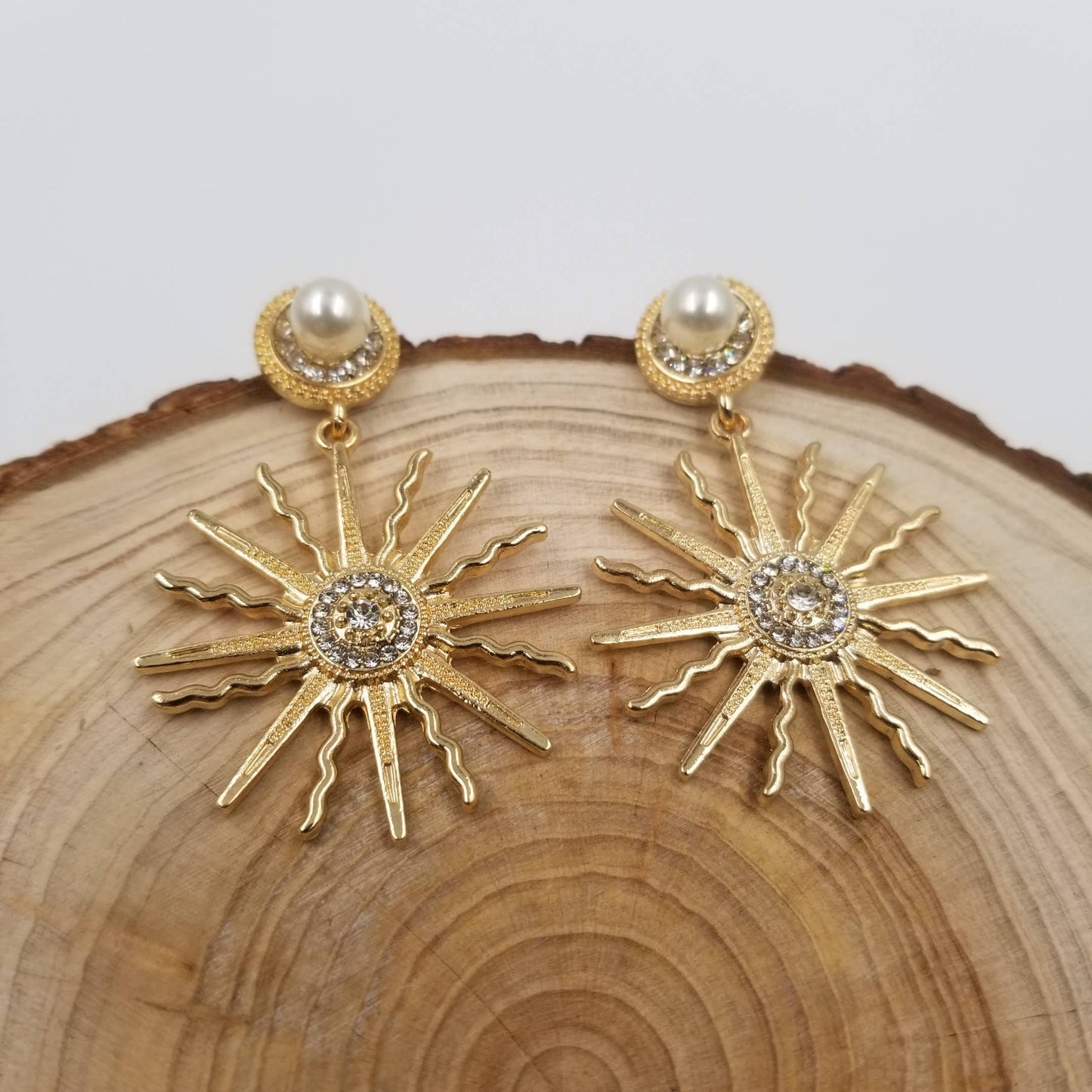 Radiant Sun with Cubic Zircon and Faux Pearl Yellow Gold plated Earrings