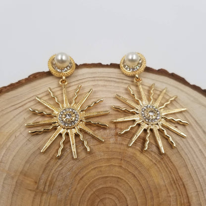 Radiant Sun with Cubic Zircon and Faux Pearl Yellow Gold plated Earrings