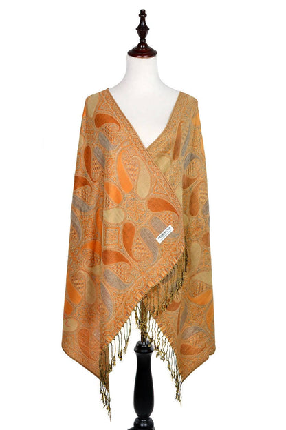 Exquisite Gold Beige Paisley Print Pashmina Shawl Scarf Holiday Gift