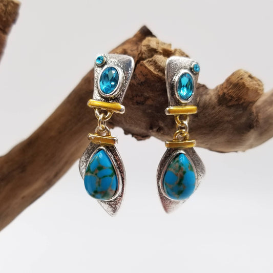 Antique Silver Colored with Turquoise and Blue Stones Two Tone Alloy Earrings
