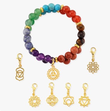 Seven Chakra 2 Rows Beaded Stretch Boho Bracelet with Multi Gemstones and 7 Charms