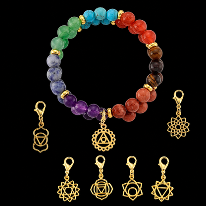 Seven Chakra 2 Rows Beaded Stretch Boho Bracelet with Multi Gemstones and 7 Charms