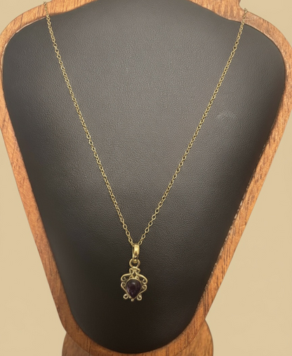 Elegant Wire Pattern with Pear Shape Cabochon Stone Brass Pendant 18" Necklace - 2 Gemstone options
