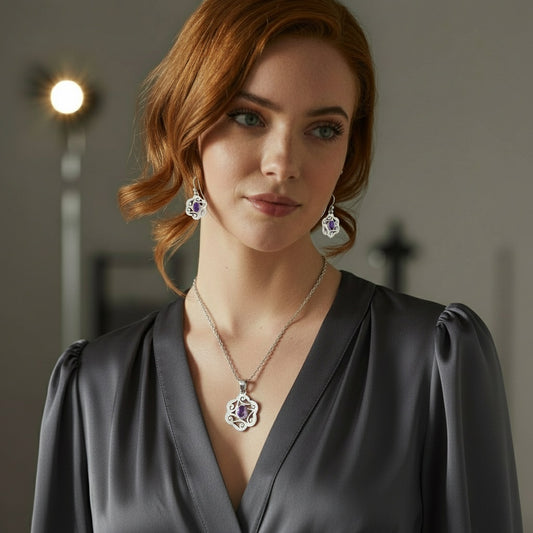 Amethyst Elegance a Dance of Swirls 925 Sterling Silver Pendant Earrings Holiday Set