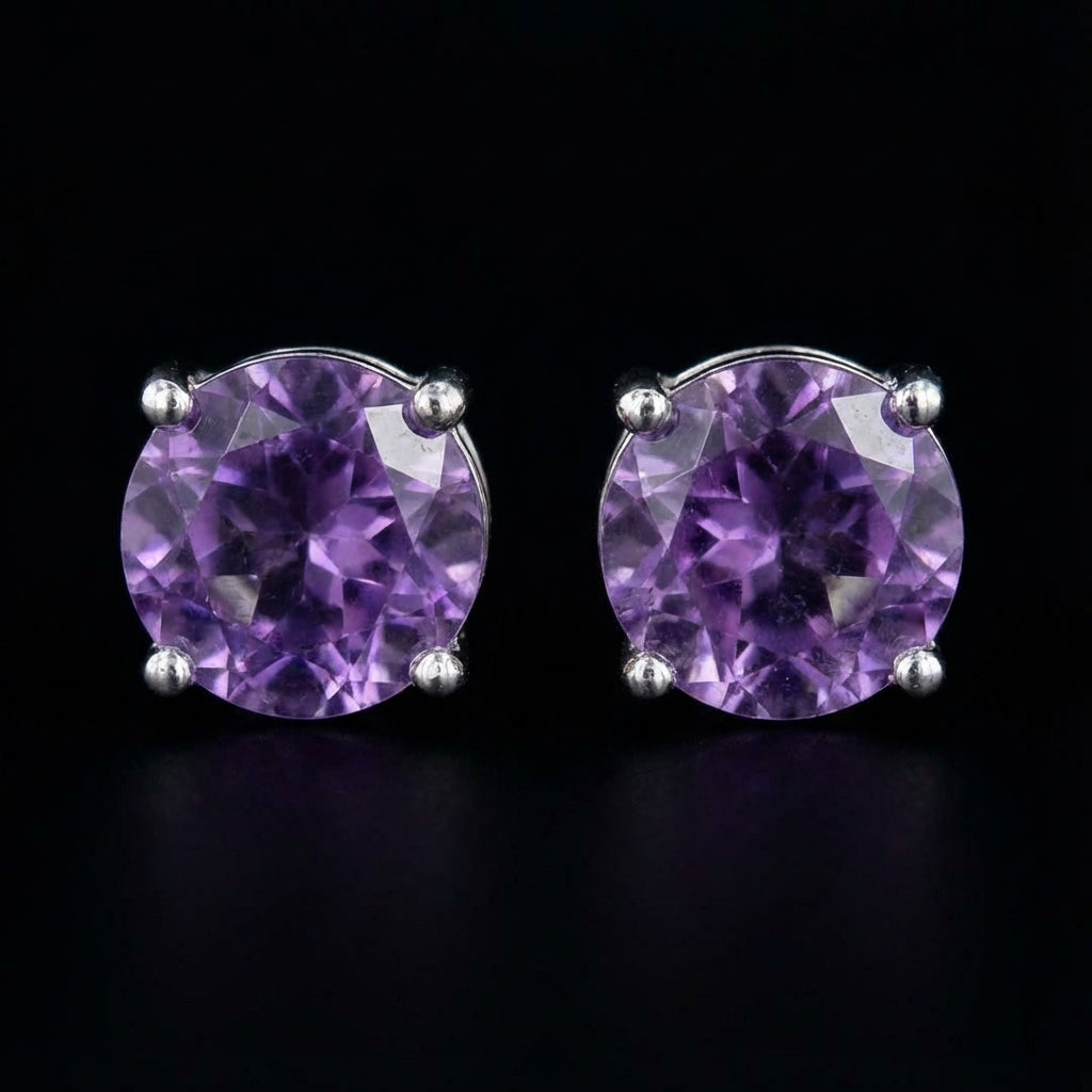 Brilliant Cut Round Amethyst 925 Earring Studs in Four Prong Setting