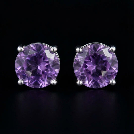 Brilliant Cut Round Amethyst 925 Earring Studs in Four Prong Setting