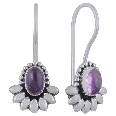 Flower Rawa Work Around Amethyst Oval Shaped Cabochon Gemstone 925 Sterling Silver Earrings