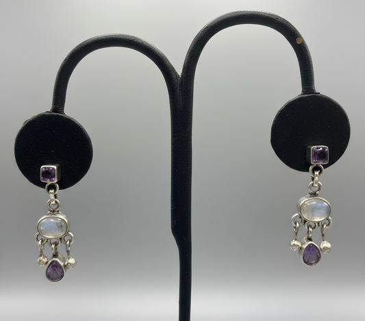 Elegant Dangling 925 Sterling Silver Earrings with 3 Cabochon Cut Stones - 2 Color Options
