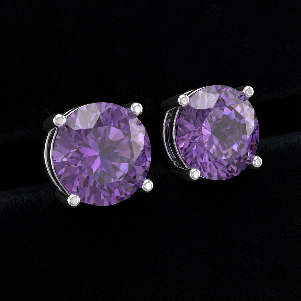 Brilliant Cut Round Amethyst 925 Earring Studs in Four Prong Setting