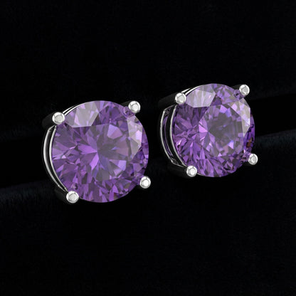 Brilliant Cut Round Amethyst 925 Earring Studs in Four Prong Setting