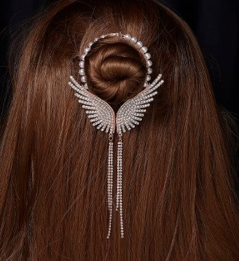 Simulated Pearl and Austrian Crystal Angel Wing Hair Accessory in Rose Gold Finish