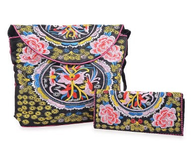 Black with Pink Floral Embroidery Crossbody Handbag with Wallet Holiday Gift Set