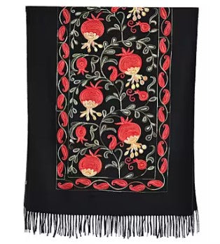Black and Red Botanical Soft Woven Embroidered Shawl Scarf with Tassels