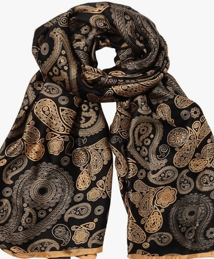 Black and Gold Paisley Print Satin Scarf Shawl Wrap Holiday Gift