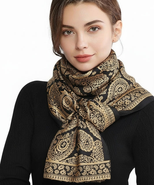 Black and Gold Paisley Print Satin Scarf Shawl Wrap Holiday Gift