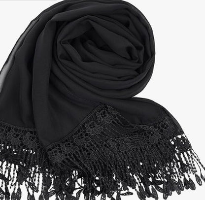 Black Chiffon Shawl Wrap with Tassel Lace Soft Scarf Holiday Gift