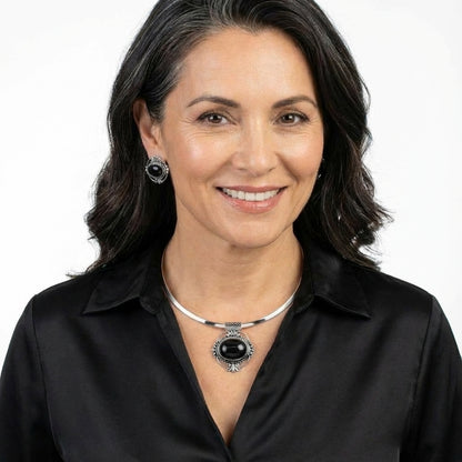 Bezel-Set Oval Black Onyx Two-Piece Choker Style Necklace and Earrings Set