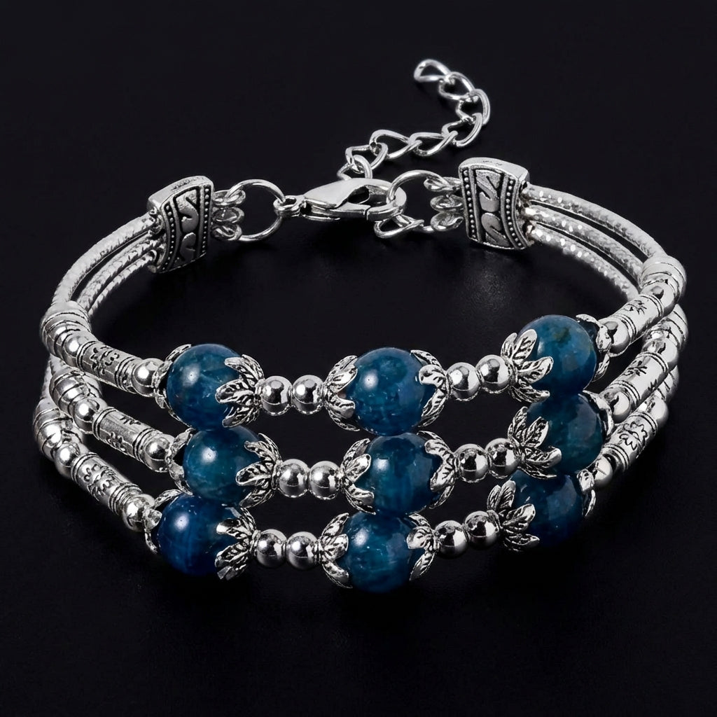 Blue Apatite Gemstone 3 Row Station Adjustable Bracelet in Silvertone