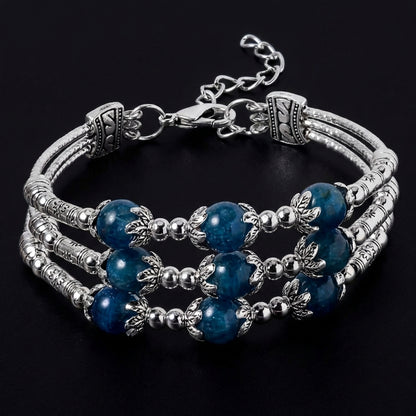 Blue Apatite Gemstone 3 Row Station Adjustable Bracelet in Silvertone