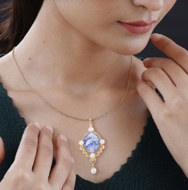 Blue Color Dolphin Pendant Necklace with Austrian Crystals and Faux Pearl - Gold Plated