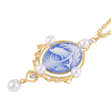 Blue Color Dolphin Pendant Necklace with Austrian Crystals and Faux Pearl - Gold Plated