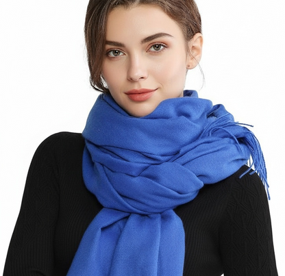 Royal Blue Wool Blend Cozy Scarf Shawl with Fringe Holiday Gift