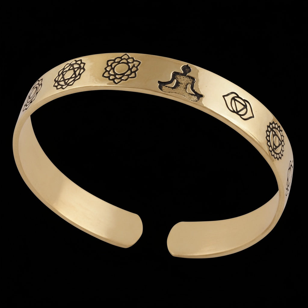 Engraved Chakra Mandala Yoga Adjustable Solid Brass Cuff Style Bangle Bracelet